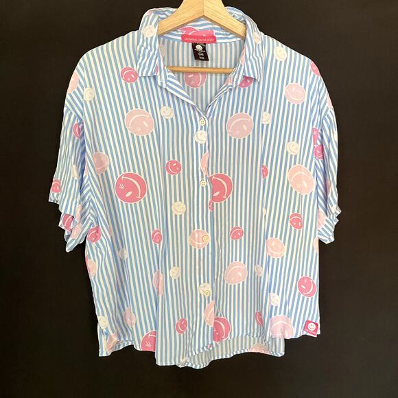 Joe Boxer Sleepwear women's XL rayon short sleeved button down blue smiley face - Picture 1 of 6